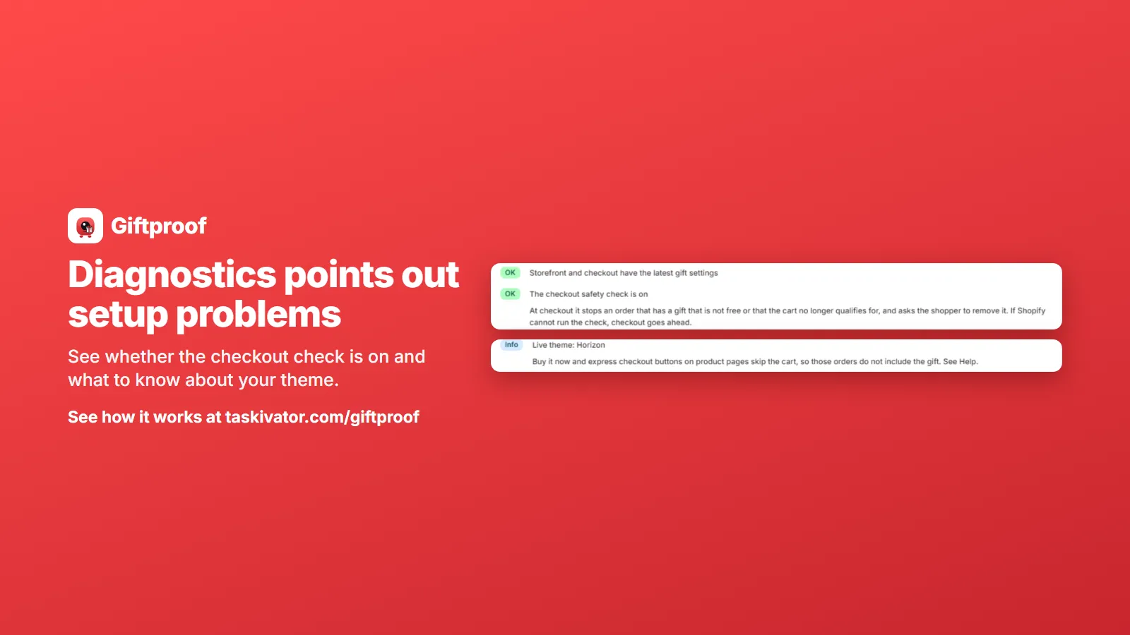 Giftproof Diagnostics showing that the checkout safety check is on and a note about checkout buttons that skip the cart.