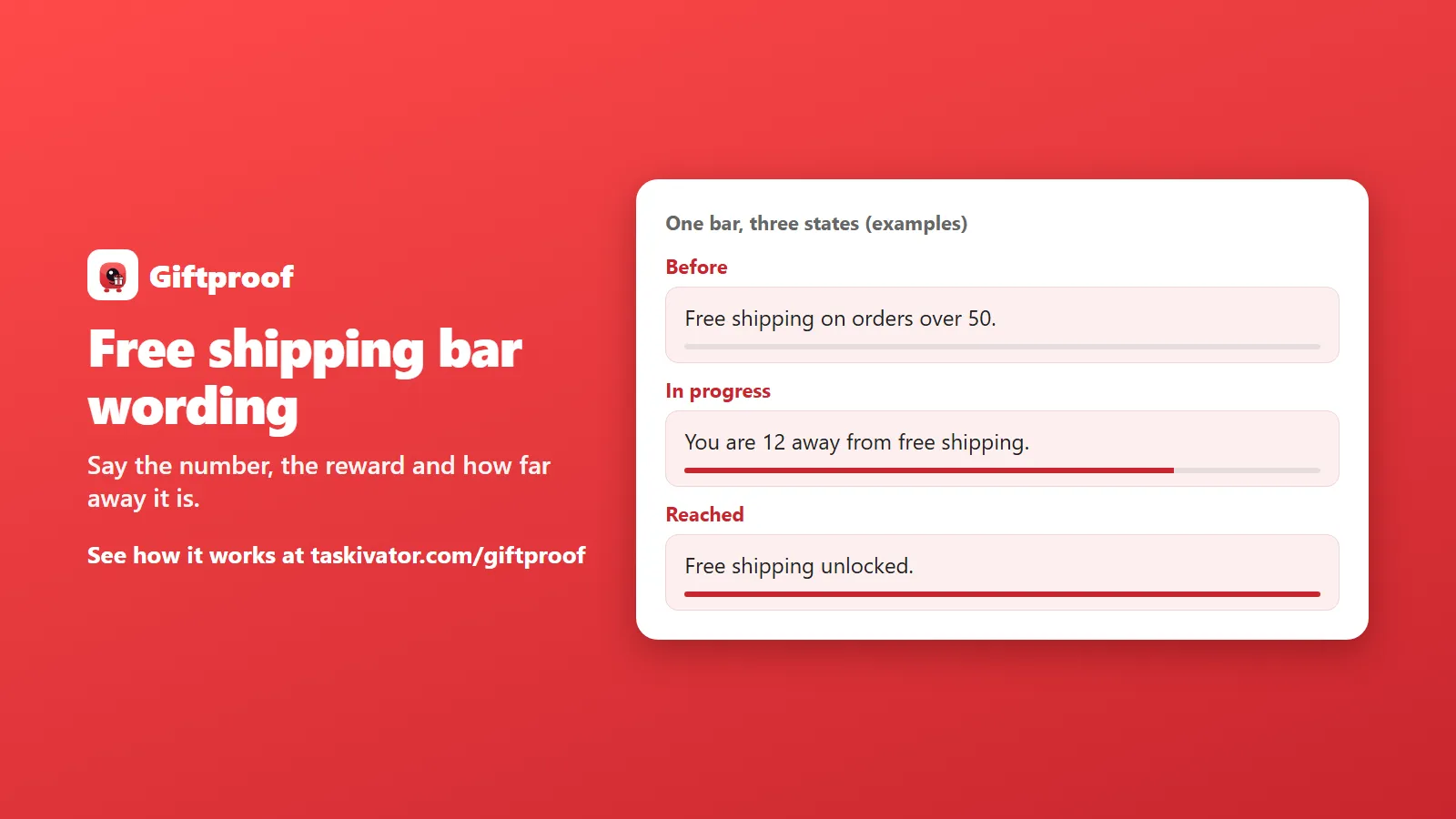 A progress bar in three states: free shipping on orders over 50, you are 12 away from free shipping, and free shipping unlocked.