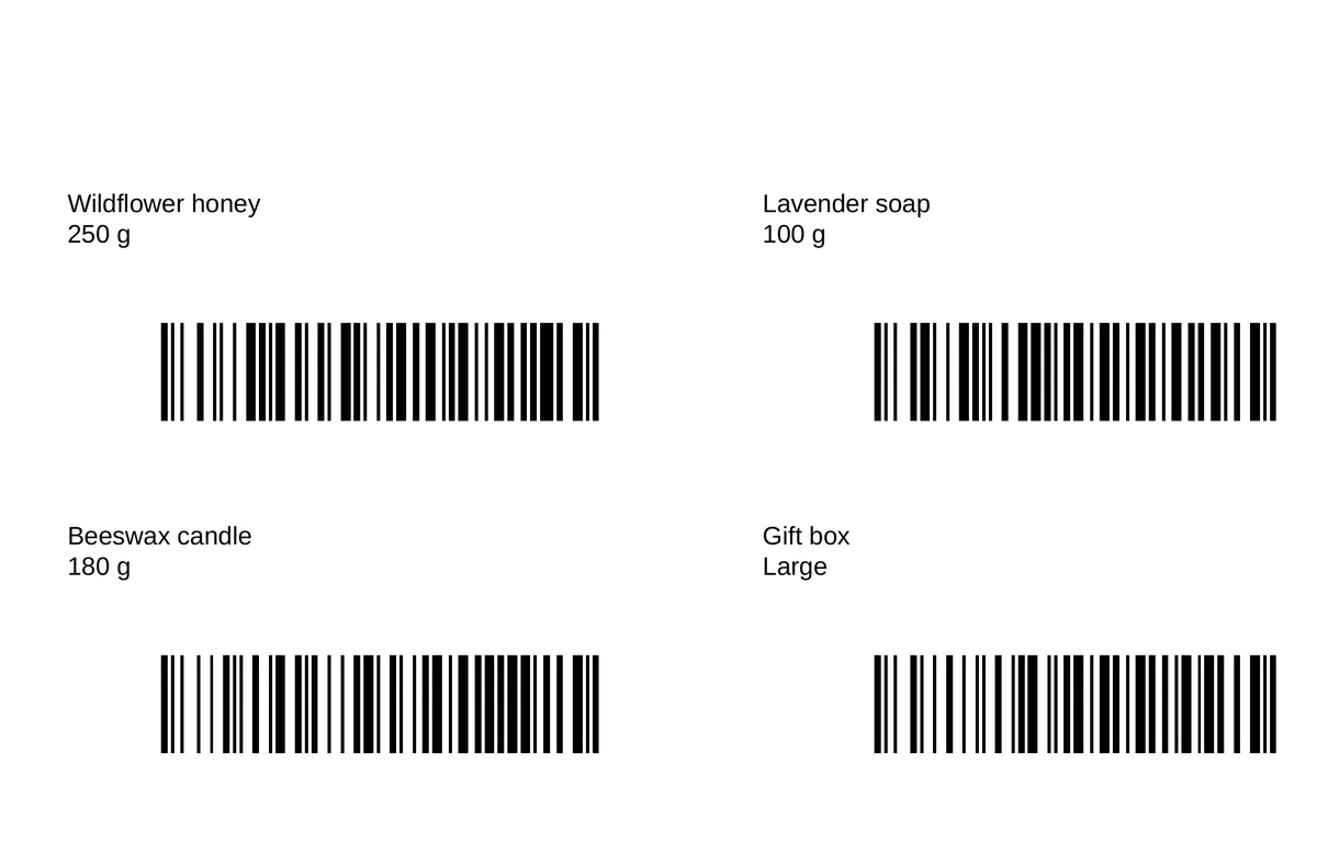 Four printed product labels, each with a barcode under the product name and weight