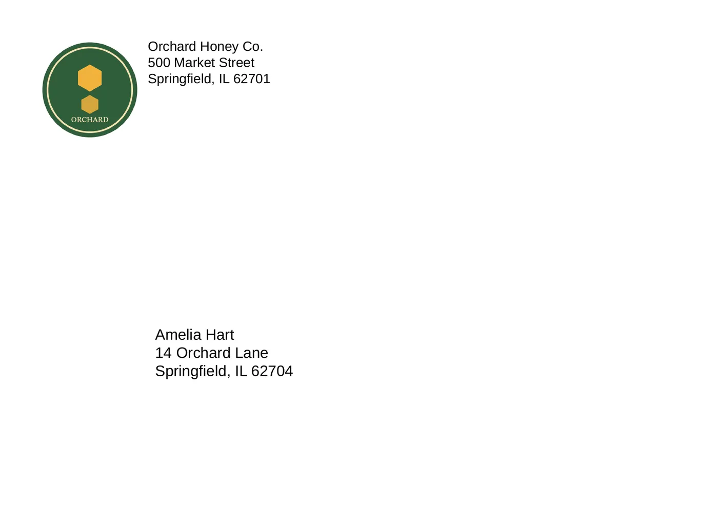 A printed envelope with a round logo and return address in the top left corner and the recipient address lower in the middle