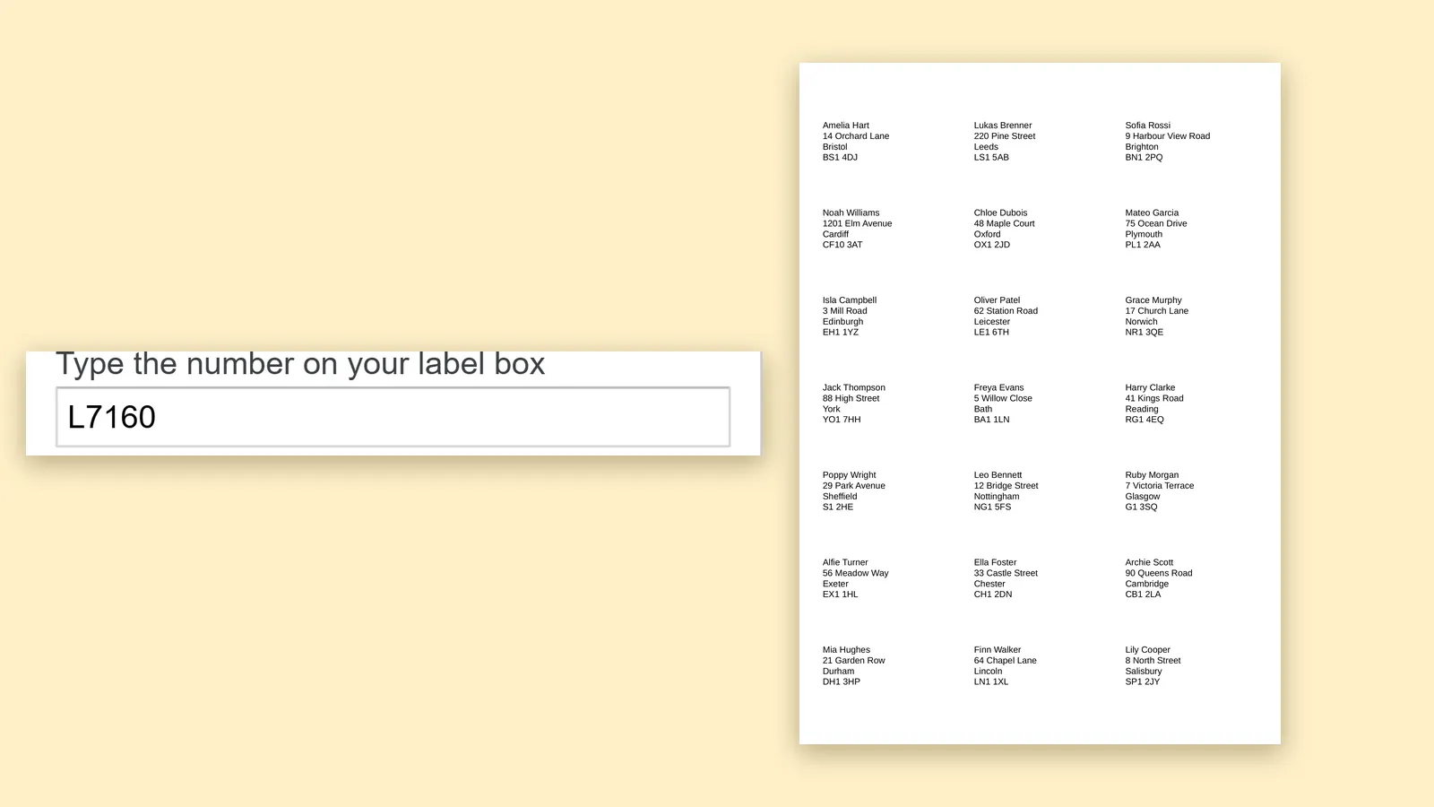 An A4 label preview with a UK address list in Google Sheets™ beside it.