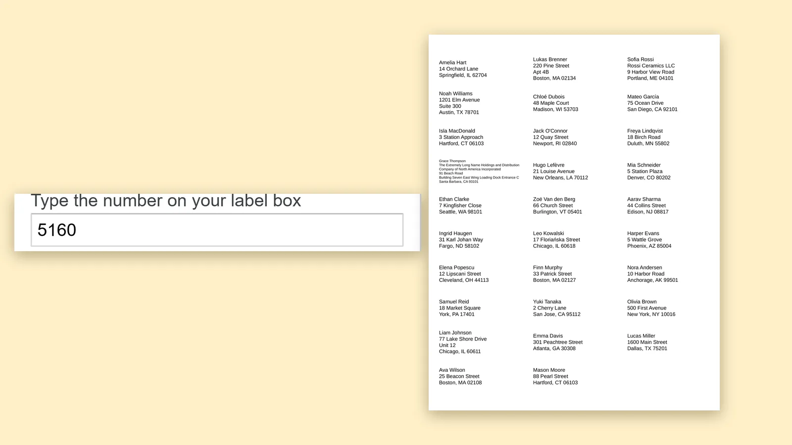 A Google Sheets™ address list beside a preview of the same names laid out on a label sheet.
