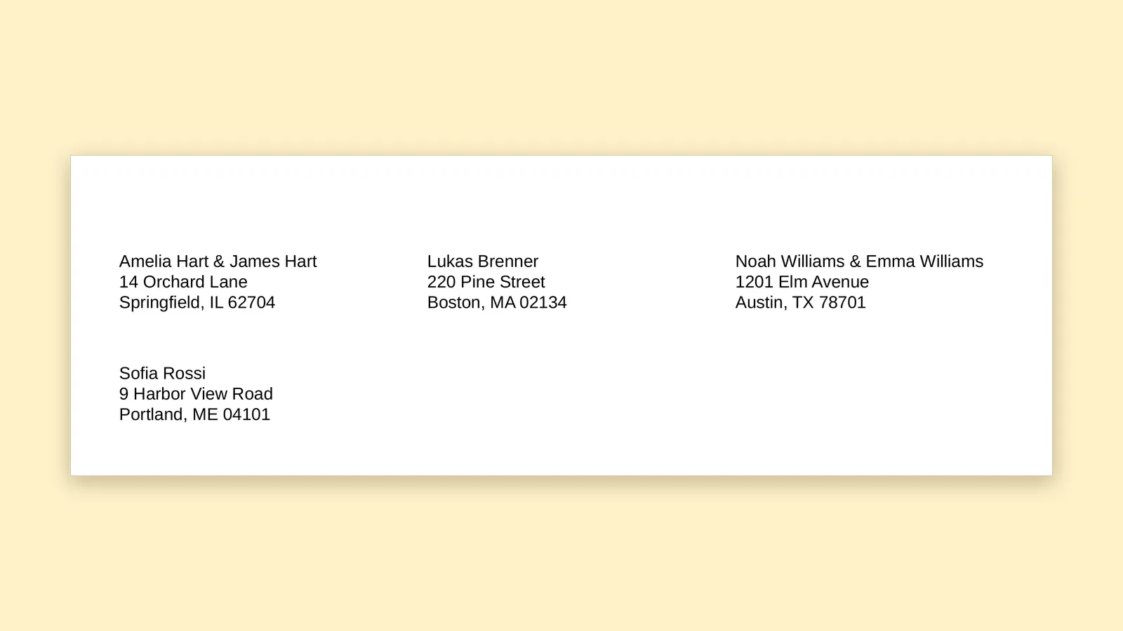 Printed address labels where two people at the same address share one label, such as Amelia Hart and James Hart.