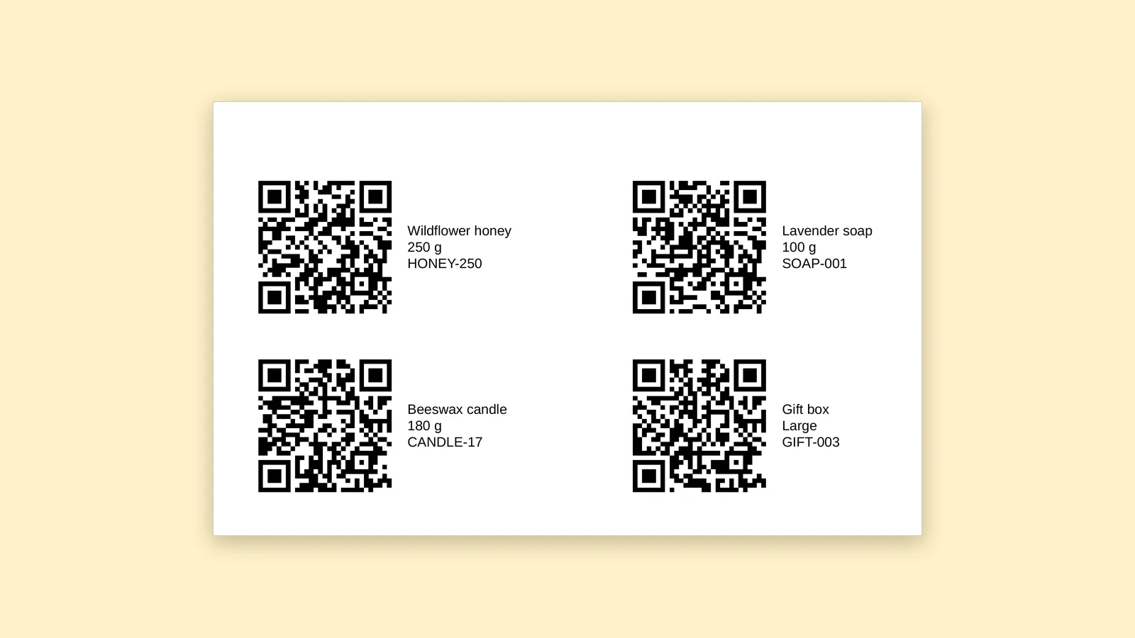 Four printed product labels, each with a QR code beside the product name, weight and item code.