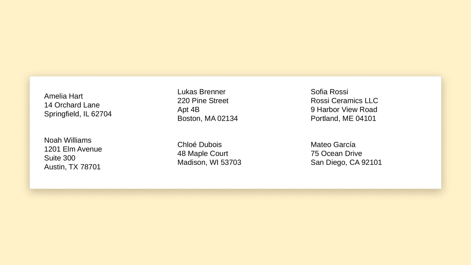Printed address labels in a grid, including Boston, MA 02134 and Portland, ME 04101, with the leading zeros intact.