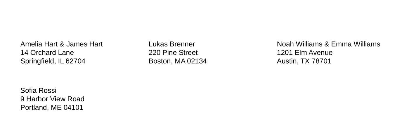 Printed address labels where two people at the same address share one label, such as Amelia Hart and James Hart