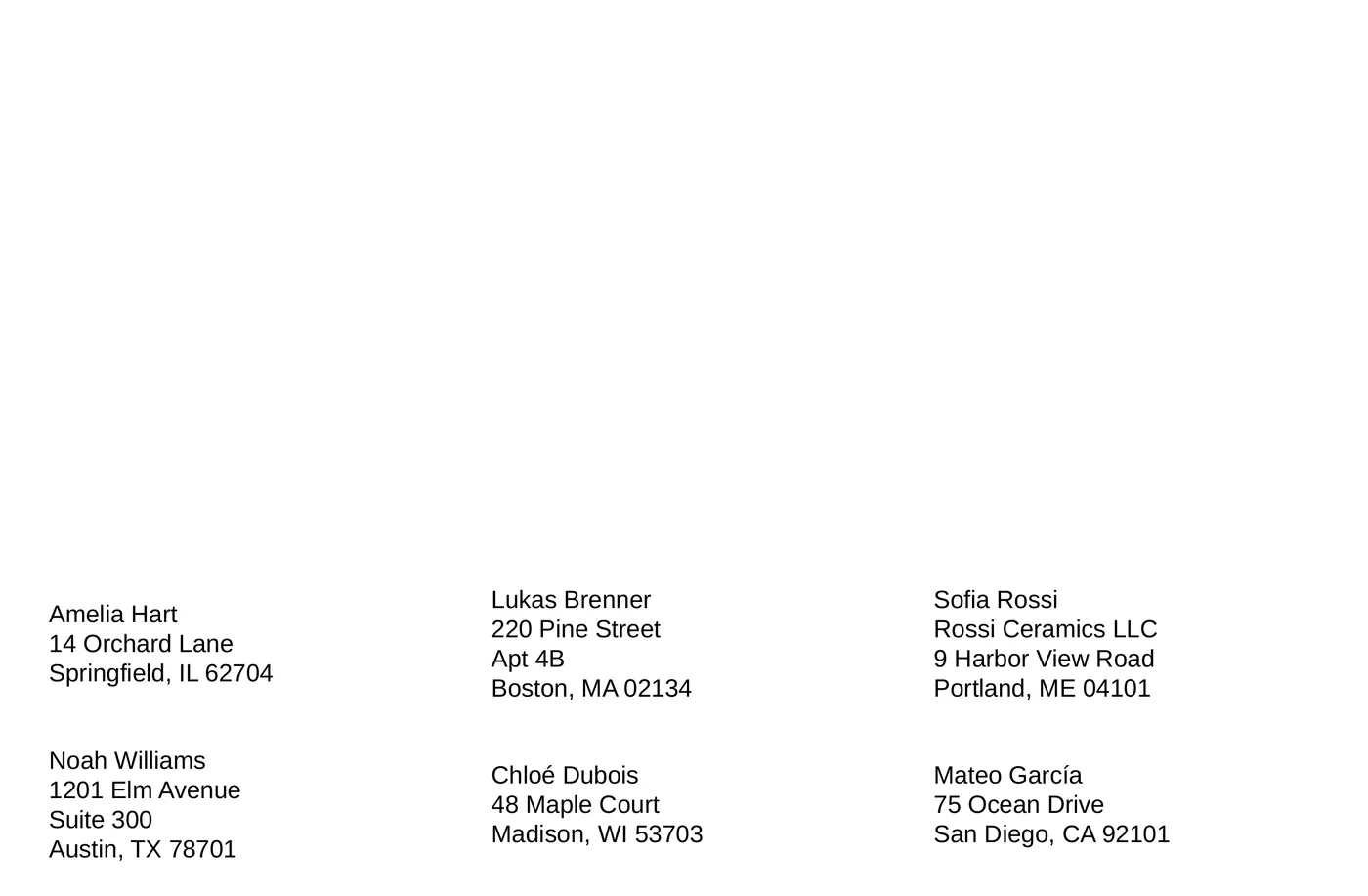 A printed label sheet with the top rows left empty and address labels starting partway down the page