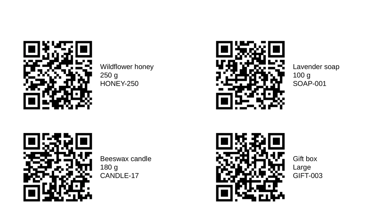 Four printed product labels, each with a QR code beside the product name, weight and item code