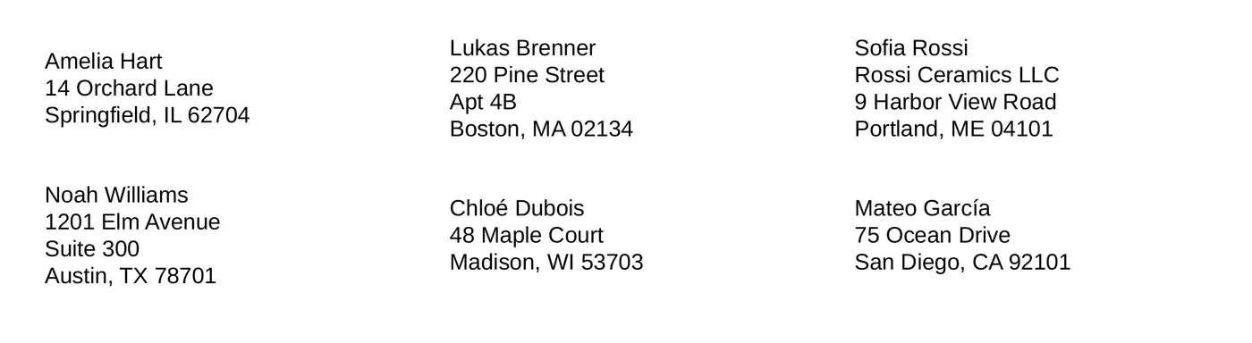 Printed address labels showing Boston, MA 02134 and Portland, ME 04101