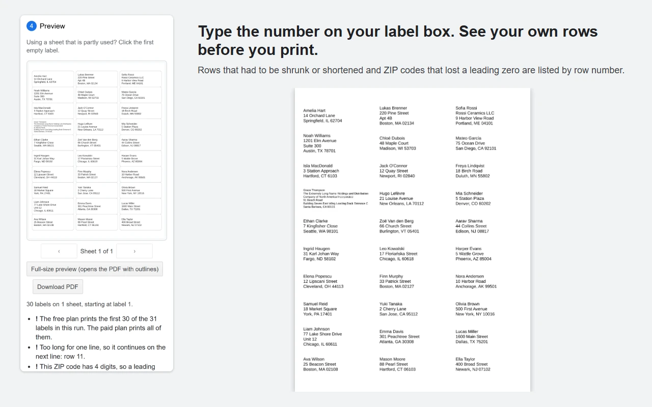 Screenshot 1 of 5: See your own rows before you print. The Peelstack Label Maker sidebar beside the PDF it makes, with sample data.