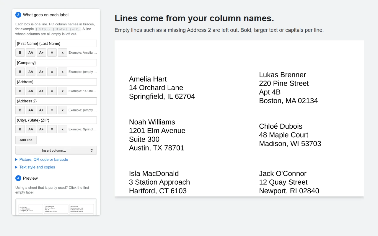 Screenshot 2 of 5: Lines come from your column names. The Peelstack Label Maker sidebar beside the PDF it makes, with sample data.