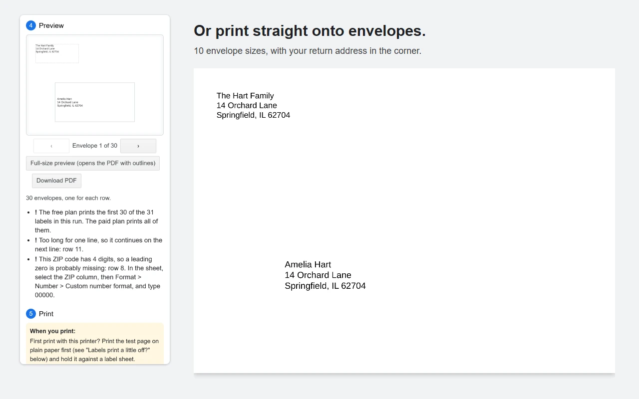 Screenshot 3 of 5: Or print straight onto envelopes. The Peelstack Label Maker sidebar beside the PDF it makes, with sample data.
