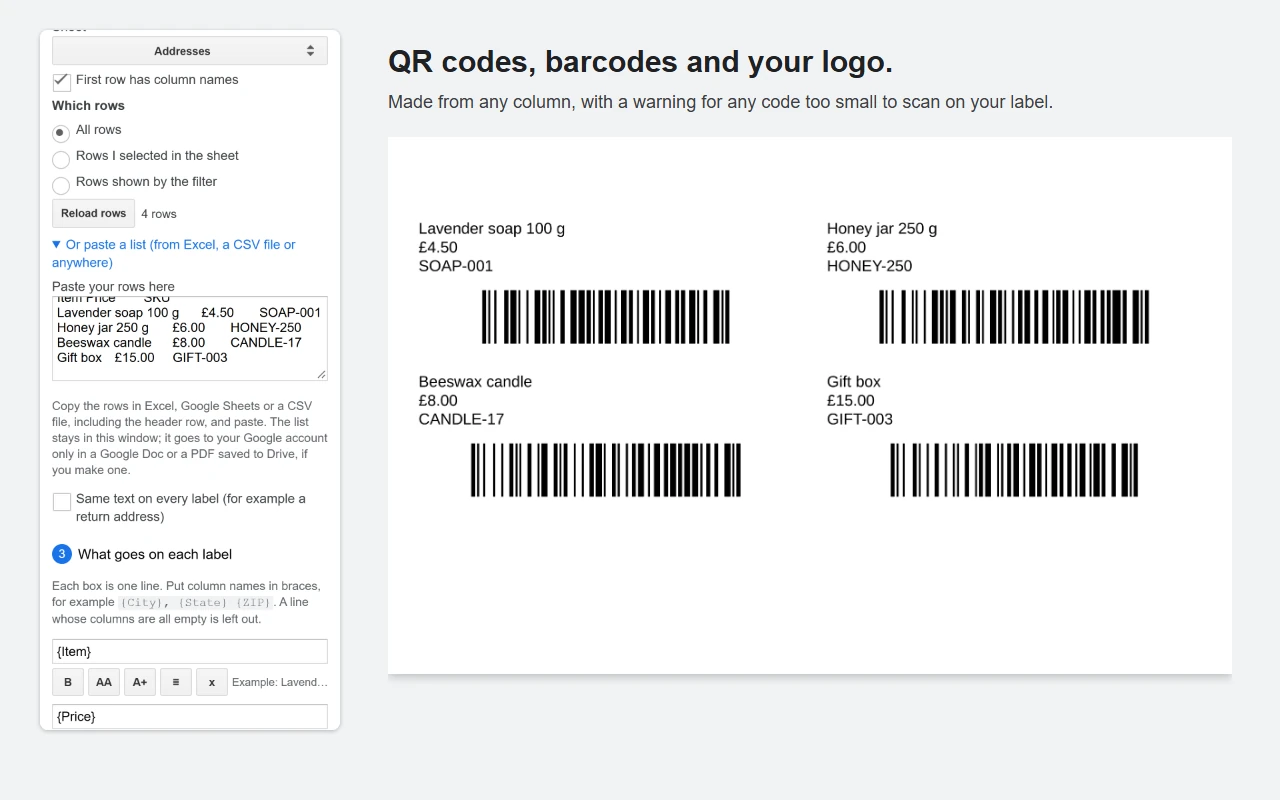 Screenshot 5 of 5: QR codes, barcodes and your logo. The Peelstack Label Maker sidebar beside the PDF it makes, with sample data.